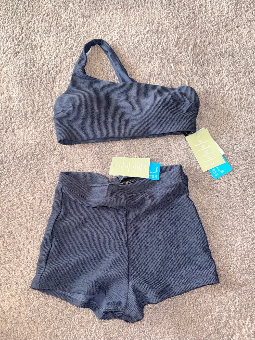 Women’s One-Shoulder Textured Swim Top and High-Waist Swim Shorts - Navy Blue